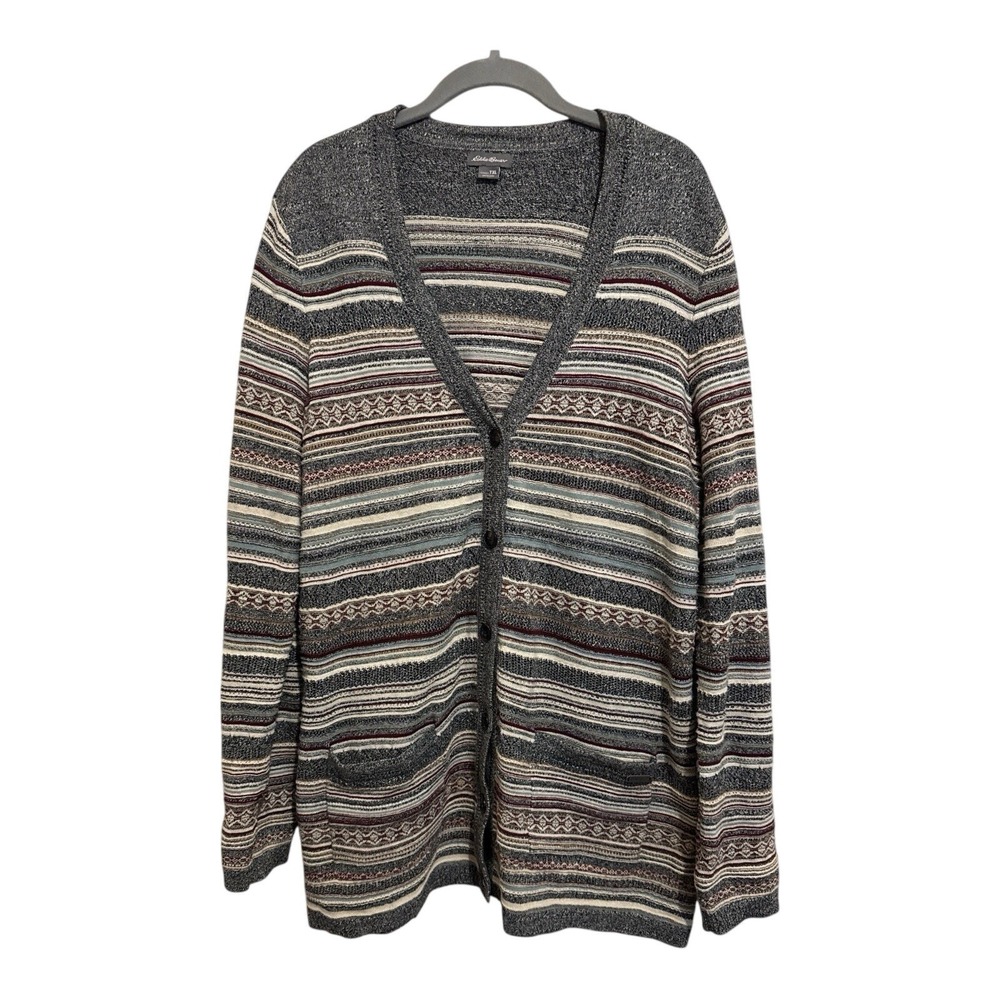 Eddie Bauer Cardigan Womens XL Tall Button Up Striped Cabin Sweater Granola Girl